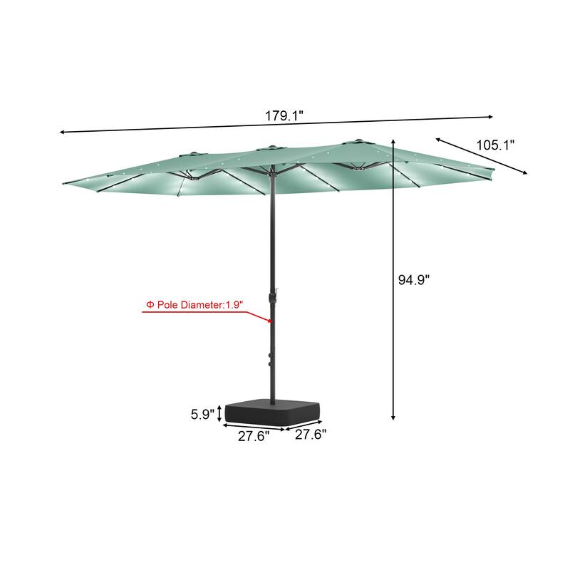 15ft Solar LED Double Patio Umbrella with Base, Extra Large Twin Outdoor Market Umbrella with 36 Lights, 180g Polyester Canopy