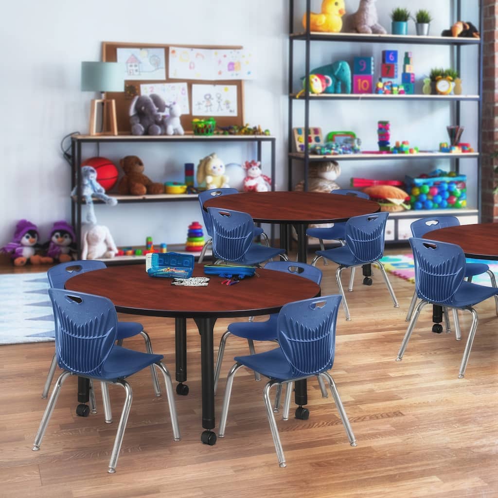 48 in. Round Height Adjustable Classroom Table - Cherry & 4 12-in Stack Chairs- Navy Blue