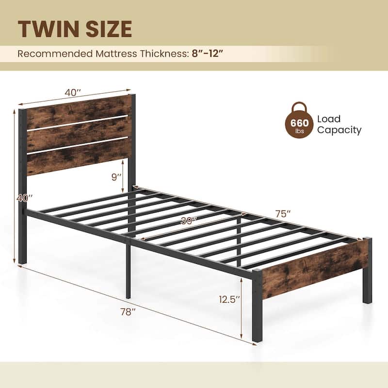 Industrial Metal Platform Bed Frame w/Wooden Headboard - Twin