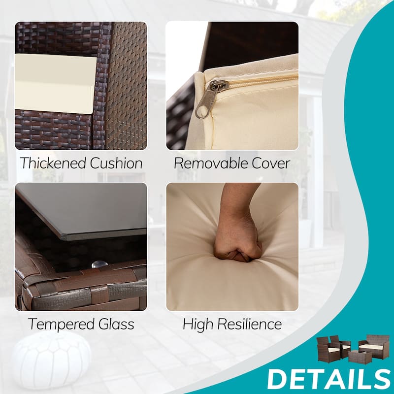 4-Piece Wicker Outdoor Sofa Set, 1 Loveseats, 2 Single Sofas, 1 Table