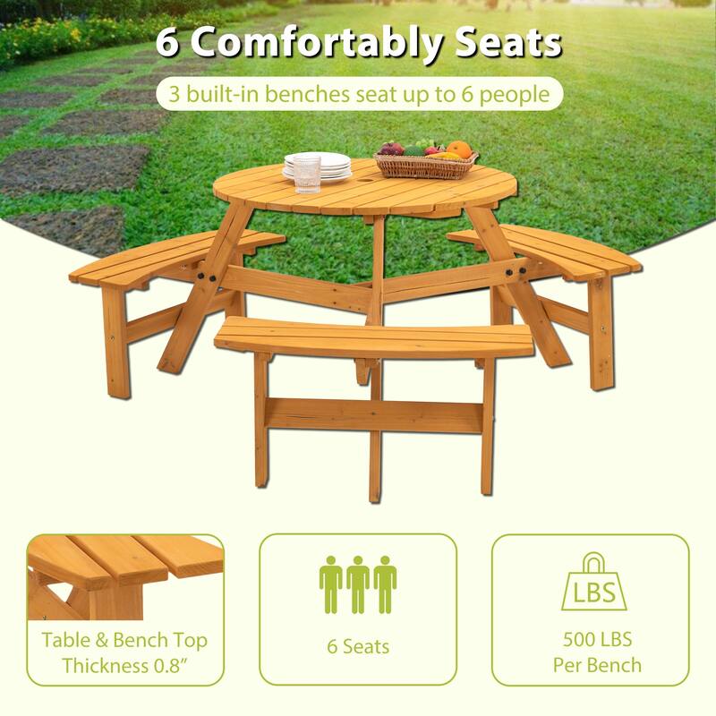 6 Seater Round Dining Table Set with 3 Built-in Benches, Outdoor Courtyard Wooden Picnic Table for Patio, Lawns, Garden - Natural