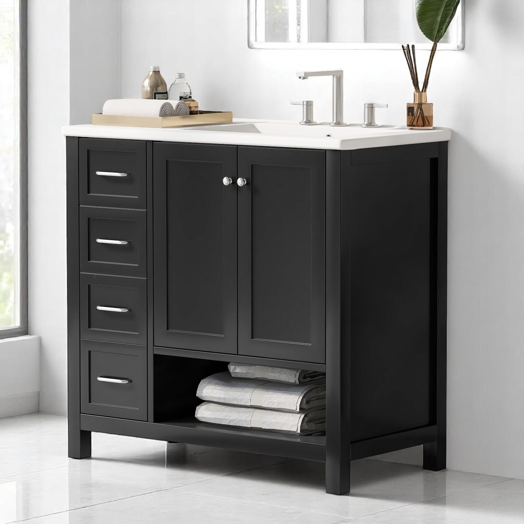 Freestanding 36 Inch Bathroom Vanity with Sink, Storage Cabinet with Drawers and Open Shelf, MDF & Wood
