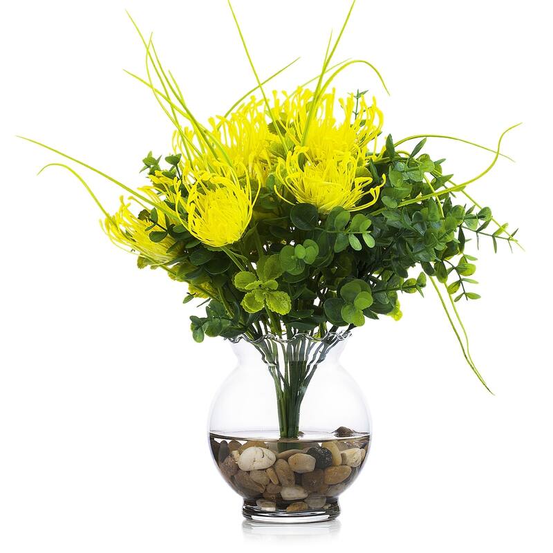 Enova Home Artificial Fake Peony Silk Flowers and Eucalyptus Grasses Arrangement in Clear Glass Vase with Faux Water for Decor - Yellow
