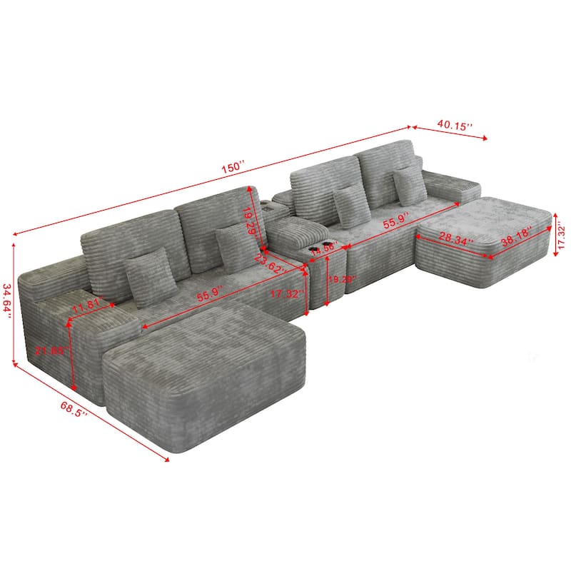Corduroy Sectional Sofa with Ottomans, Console Table with Storage Box, Charging Station, Cup Holders and Bluetooth Speaker