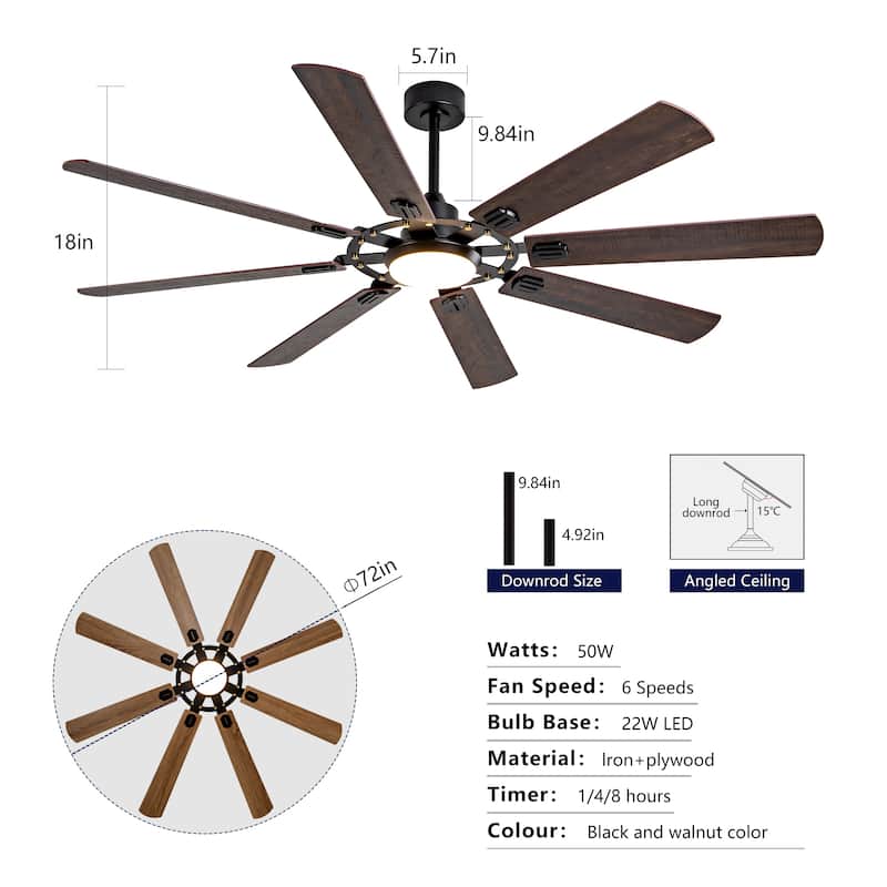 Large Ceiling Fan with Light: Modern 72-inch 8-Blade Outdoor Ceiling Fan with Remote Control - Black + Dark Walnut