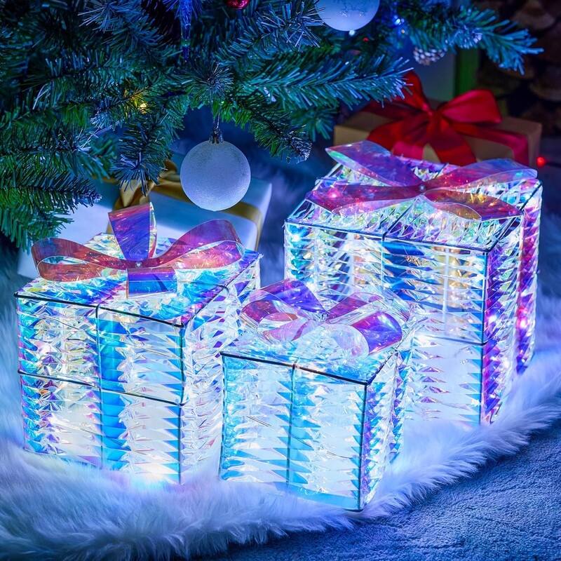 Christmas Lighted Gift Boxes - Set of 3 Iridescent Present Boxes for Indoor Holiday Décor