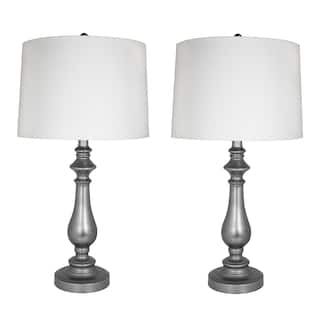29.5" Brushed Nickel Table Lamp Set w/  Grey Linen Drum Shades