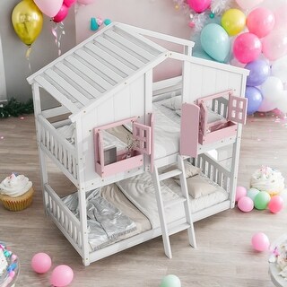 Twin over Twin House Bunk Bed with Roof , Window, Window Box, Door , with Safety Guardrails and Ladder, Pink/White