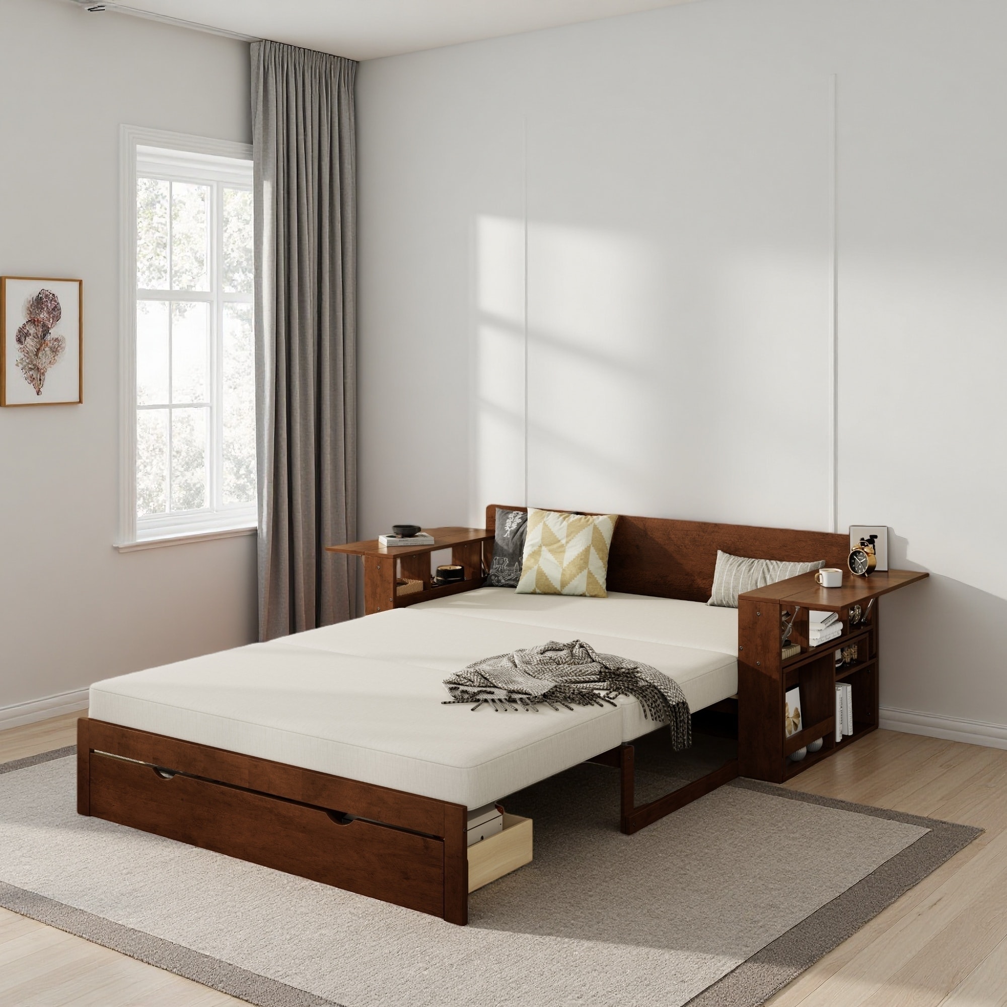 Full Size Daybed with Removable Desk, Storage Drawers & Hydraulic Side Table, 4-in-1 Multifunctional Design