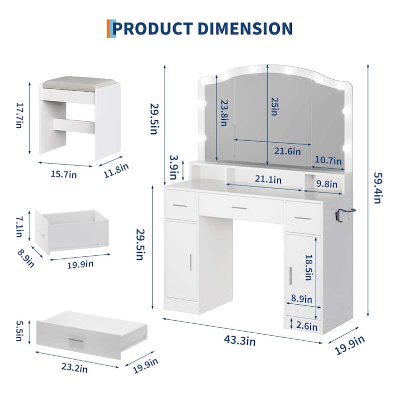 3 Drawers Makeup Vanity Desk, Dressing Table with LED Lights and Stool