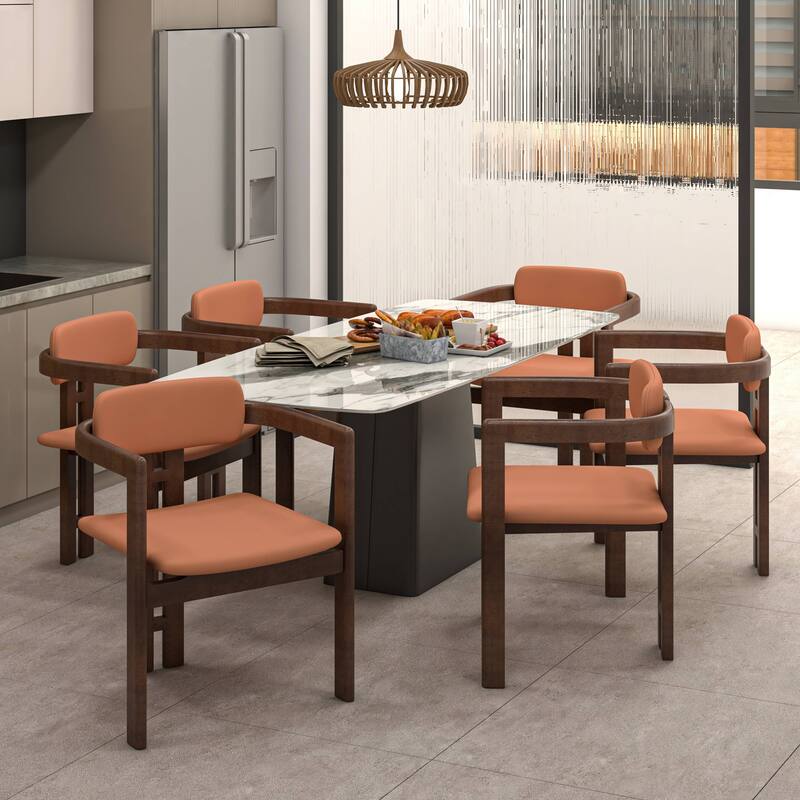 Dining Chairs Upholstered Leather Seats in Rubberwood Set of 4 Arm Chairs Open Back Design