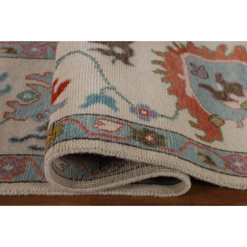 Beige Transitional Floral Oushak Area Rug Hand-Knotted Wool Carpet - 8'9" x 12'0"