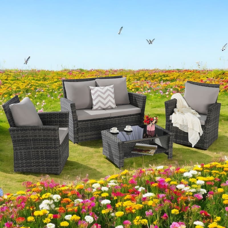 4-Piece Outdoor Patio Furniture Set, Garden Wicker Sofa with Poolside Lawn Chairs, Red Cushions, All-Weather Modular Design