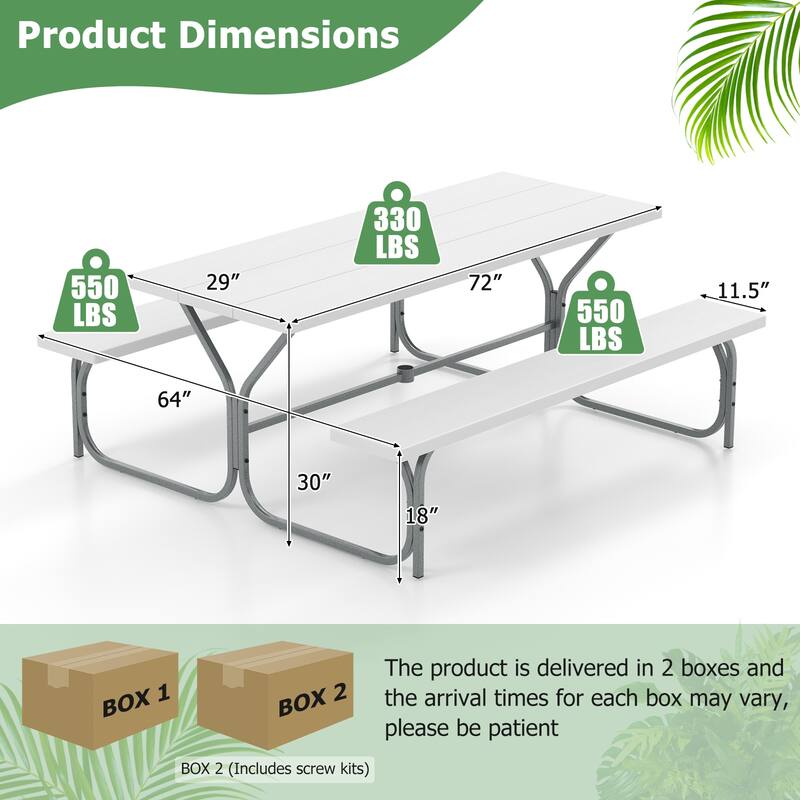 72 Inch 8-Person Outdoor Picnic Table and Bench Set with HDPE Wood-Texture Top and with Built-in Umbrella Hole