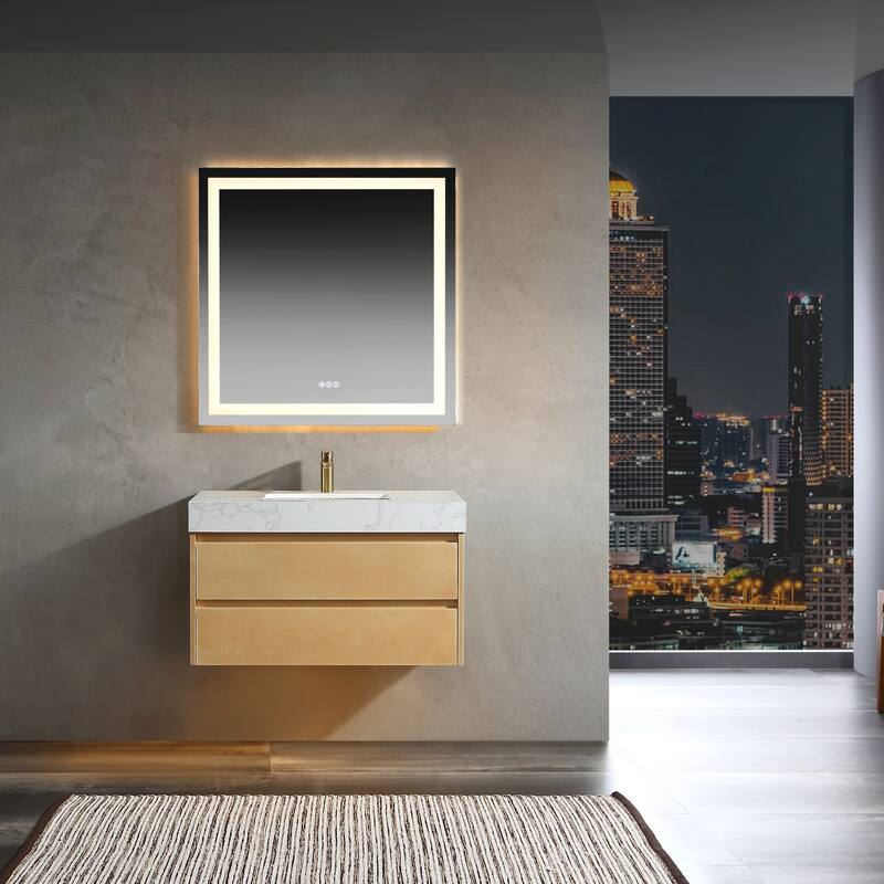 Modland 36" Wall-Mount Bathroom Vanity with LED Base Light & Engineered Stone Top - Soft-Close Drawers, Maple Yellow - 36 inch
