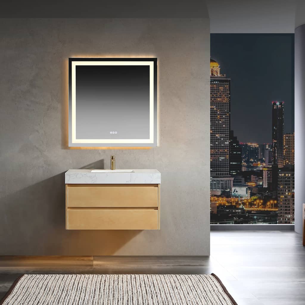Modland 36" Wall-Mount Bathroom Vanity with LED Base Light & Engineered Stone Top - Soft-Close Drawers, Maple Yellow - 36 inch