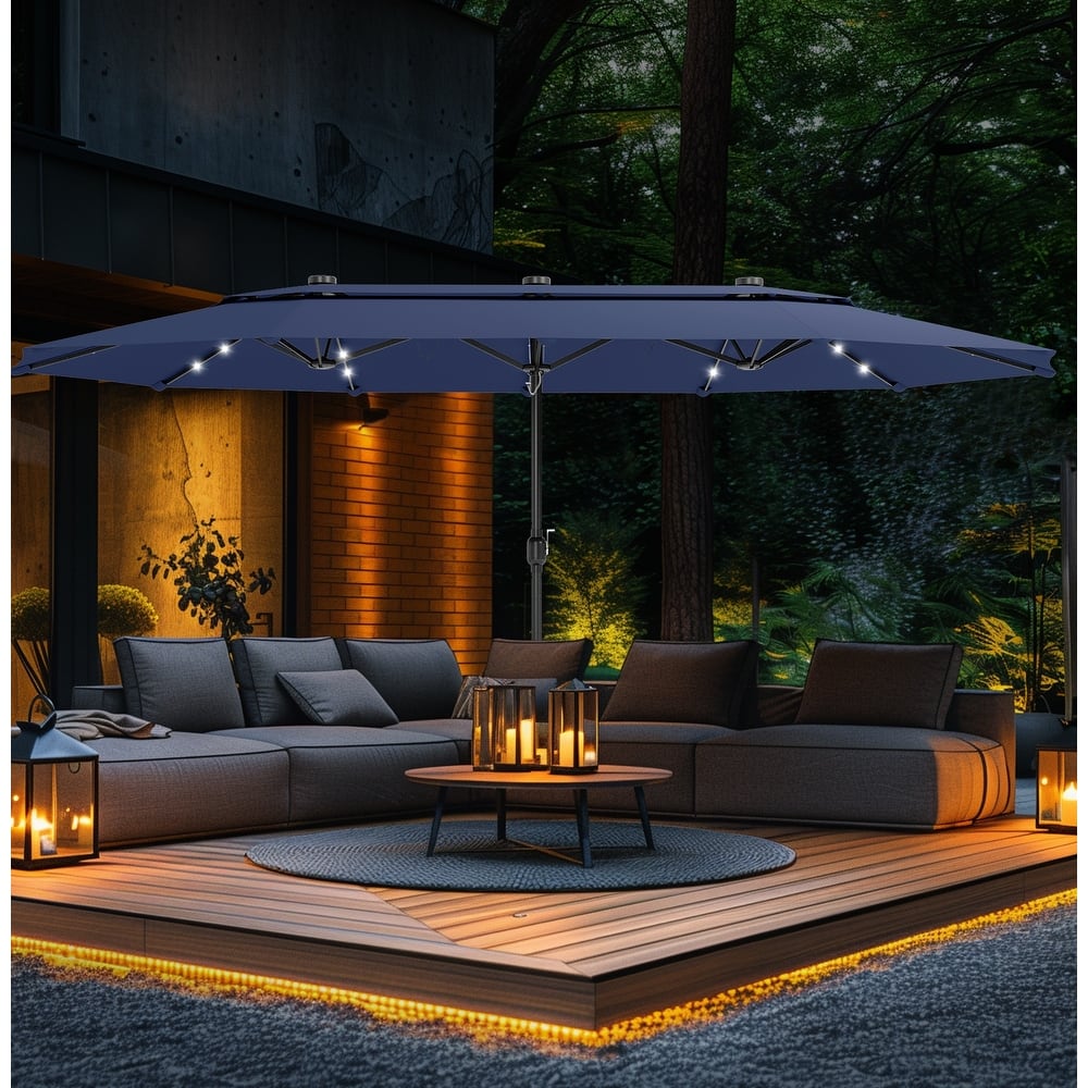 MAISON ARTS 15ft 2-Tier Vented Large Patio Umbrella with Solar Lights, Double-Sided Outdoor Market Umbrellas with Base Included