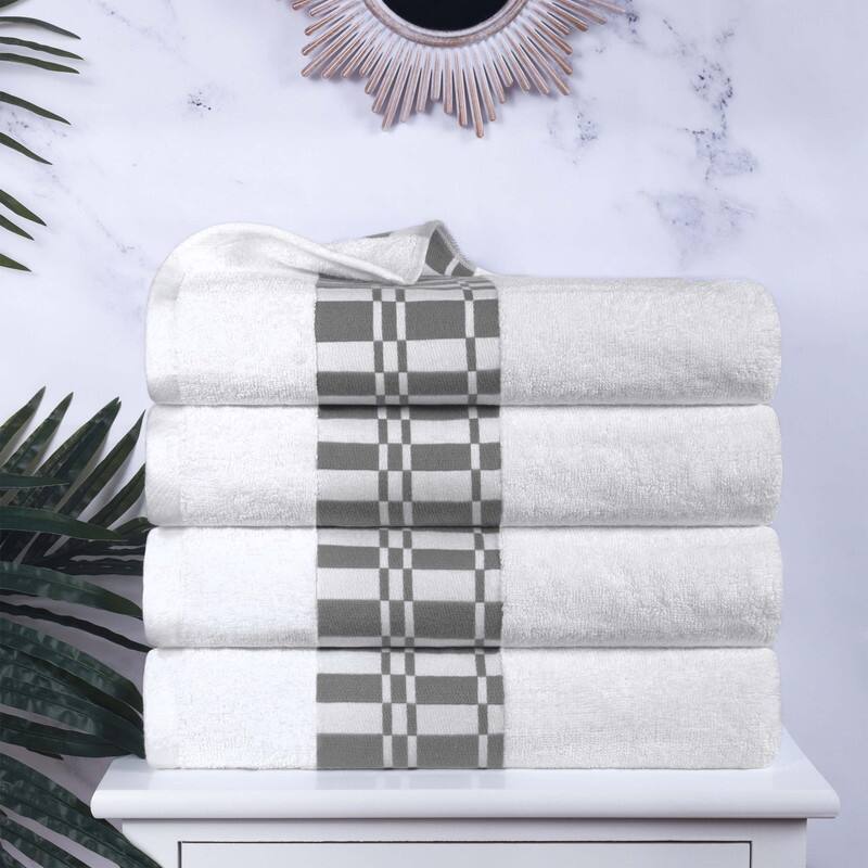 Superior Larissa Cotton Embroidered Geometric Border Bath Towel Set of 4 - White