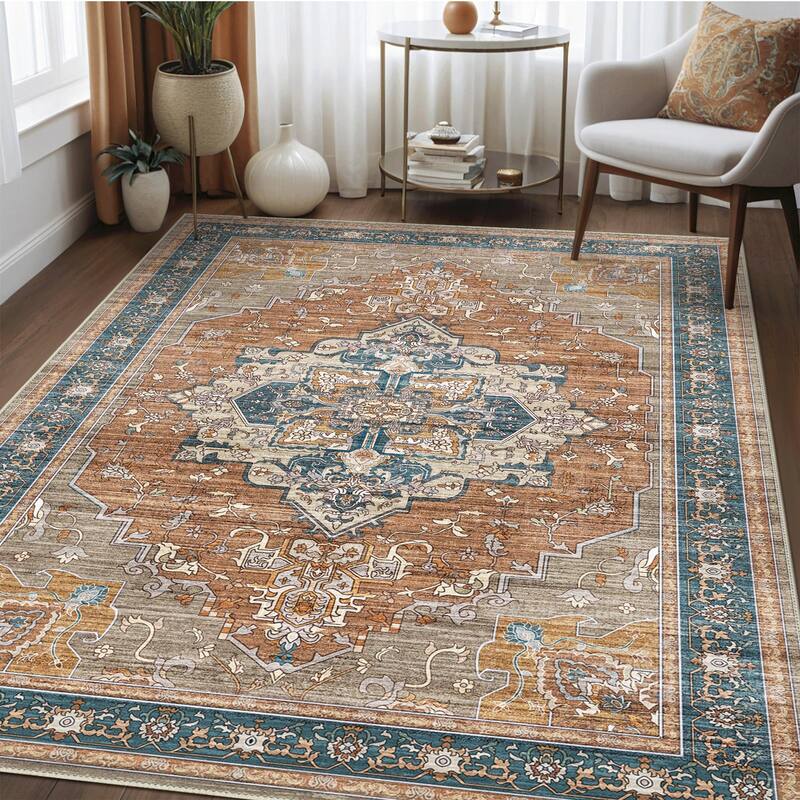 Mcow Floral Dark Gray Low-Pile Machine-Washable Non-Slip Area Rug - Brown/Blue - 8' x 10' - Rectangle