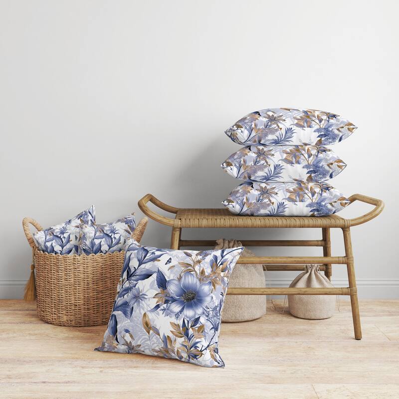 Exquisite Floral Breeze Faux Suede Reversible Throw Pillow Blue and Gold