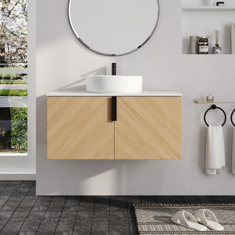 Malwee 30"/36" Floating Bathroom Vanity, Wall Mounted Bathroom Vanity with Ceramic Sink and Soft Close Door - Beige-Glossy White Sink - 35.5"×18.9"×21.8"