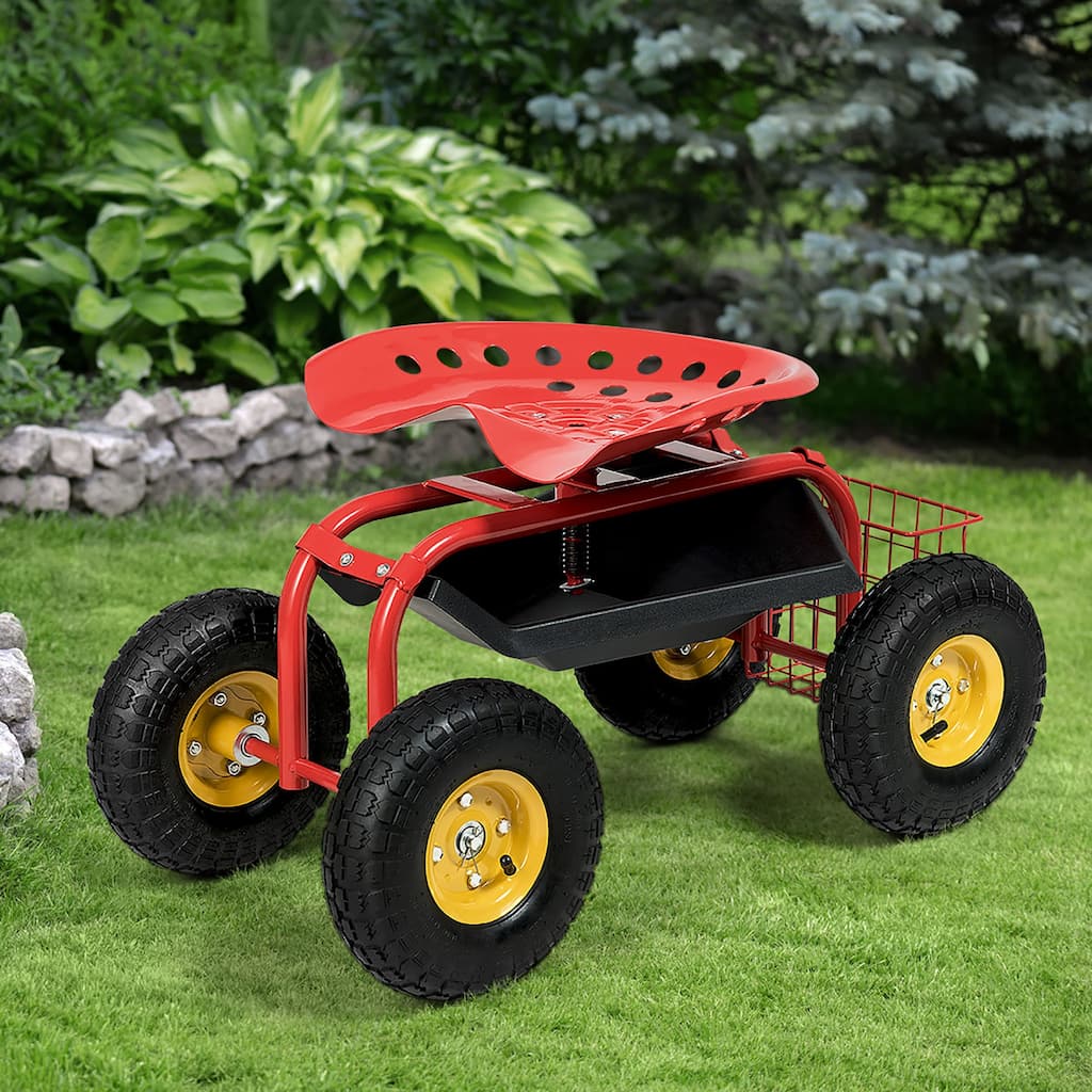 Garden Cart with Rolling Seat & Tool Tray for Lawn Care Gardening