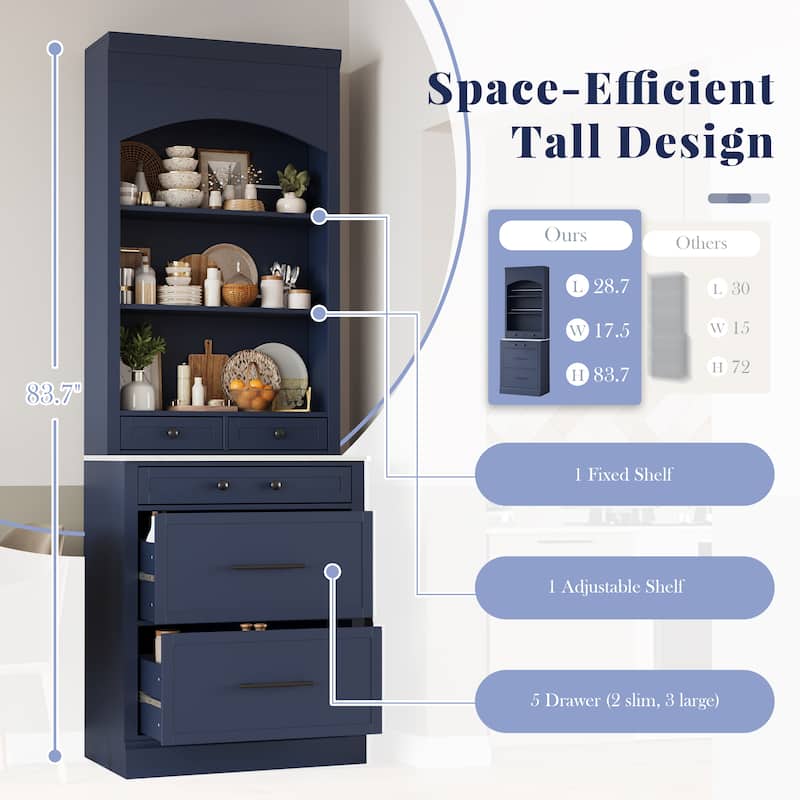 Modern Kitchen Pantry, Freestanding Tall Kitchen Hutch, Cupboard Cabinet with 5 Storage Drawers and Adjustable Shelf, Set of 2