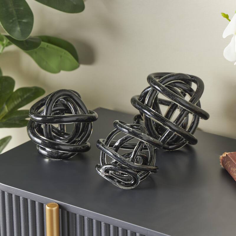 Glass Abstract Handmade Iridescent Knotted Ball Sculpture - Set of 3 Dark Gray, Black or Clear - Roche River Decor