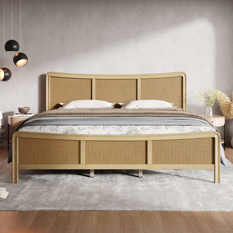 Christopher Knight Home- Celestine Curved Rubberwood Bed Frame with Rattan Headboard