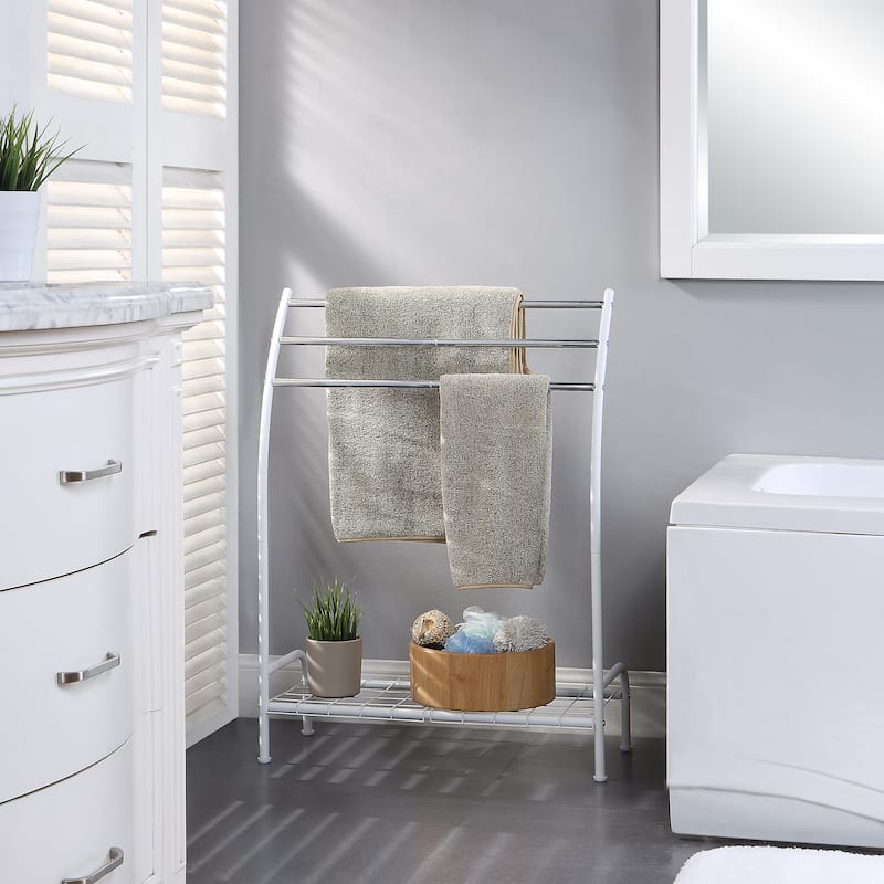 SunnyPoint Freestanding 3 Hanging Bar Towel Rack With Bottom Shelf - White