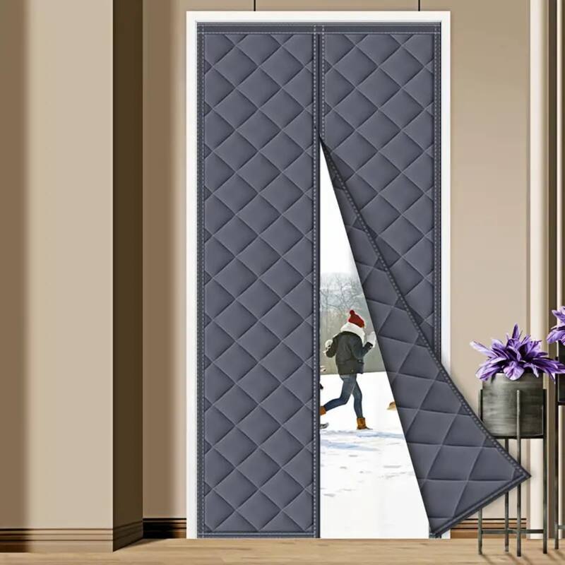 Magnetic Waterproof Thermal Insulated Door Curtain Energy-Saving Cotton Screen - 35.5inx83in - Grey Check