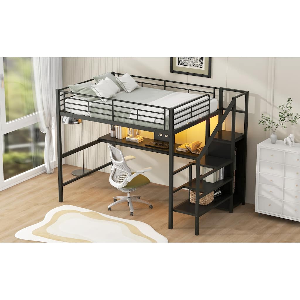 Full Size Metal Loft Bed With Desk,Storage Staircase,Small Wardrobe And Led Light