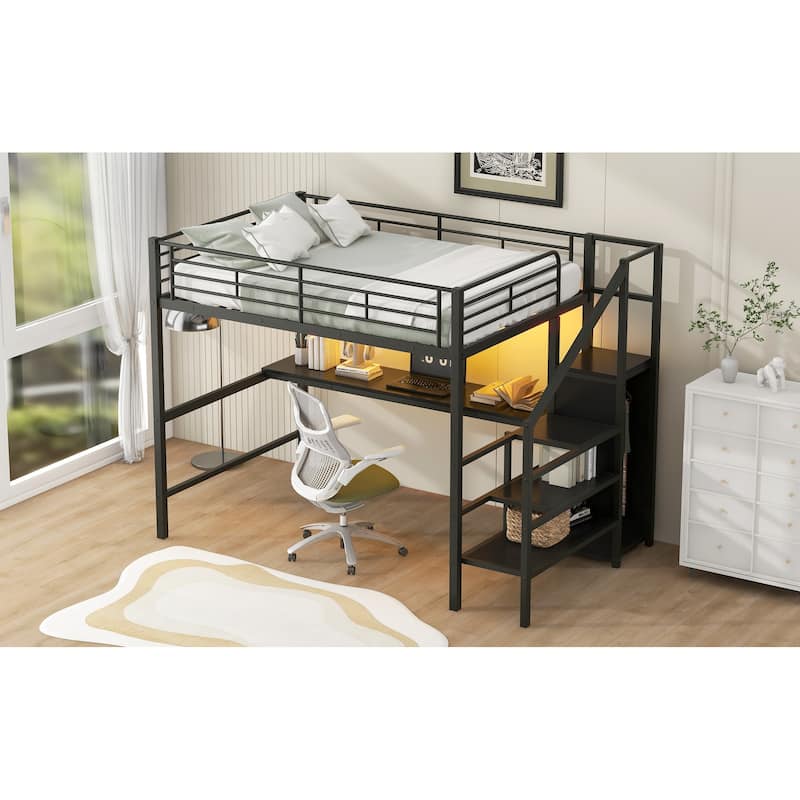 Full Size Metal Loft Bed with Study Desk & Storage Stairs - Space-Saving Design with Wardrobe & LED Light
