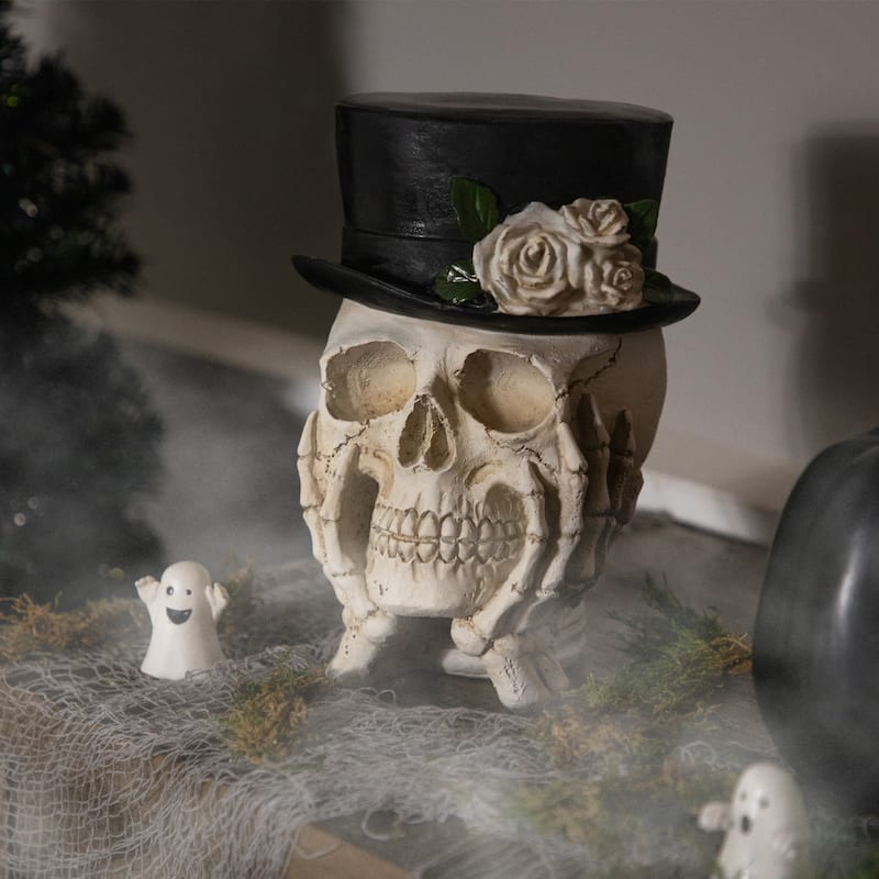9" Skull with Top Hat and Roses Halloween Decoration