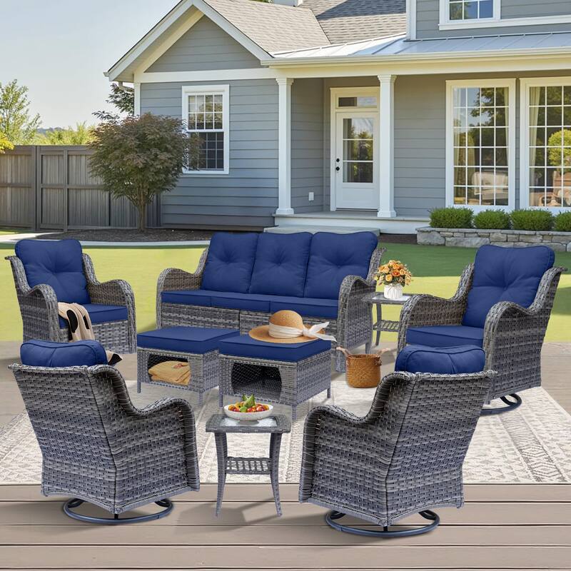 Gray Rattan Outdoor Patio Conversation Sets with Swivel Rocker Chairs