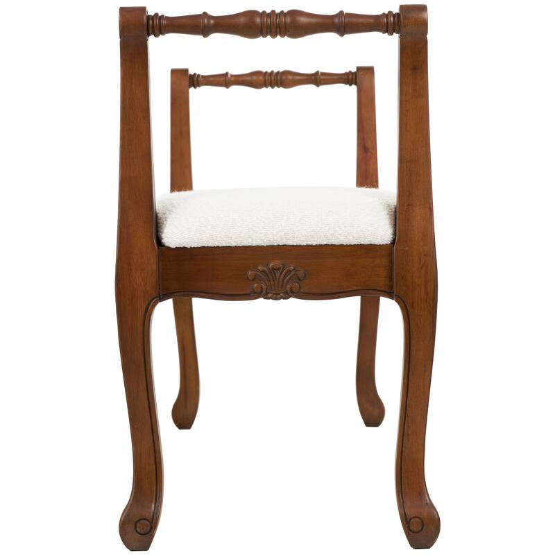 Cream Fabric Arm Home Bench with Brown Traditional Wood Turned Legs