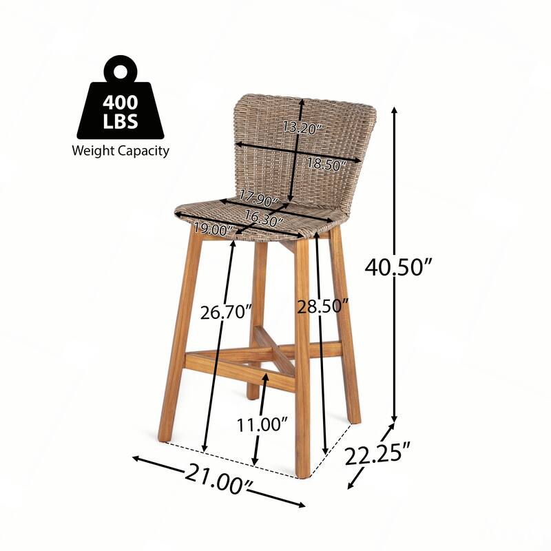 Outdoor Bar Stool, Wood with Wicker, Set of 2