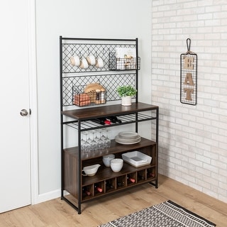 Racking Walnut Honey-Can-Do Black and Walnut Kitchen Bakers Rack with Wine Storage ...