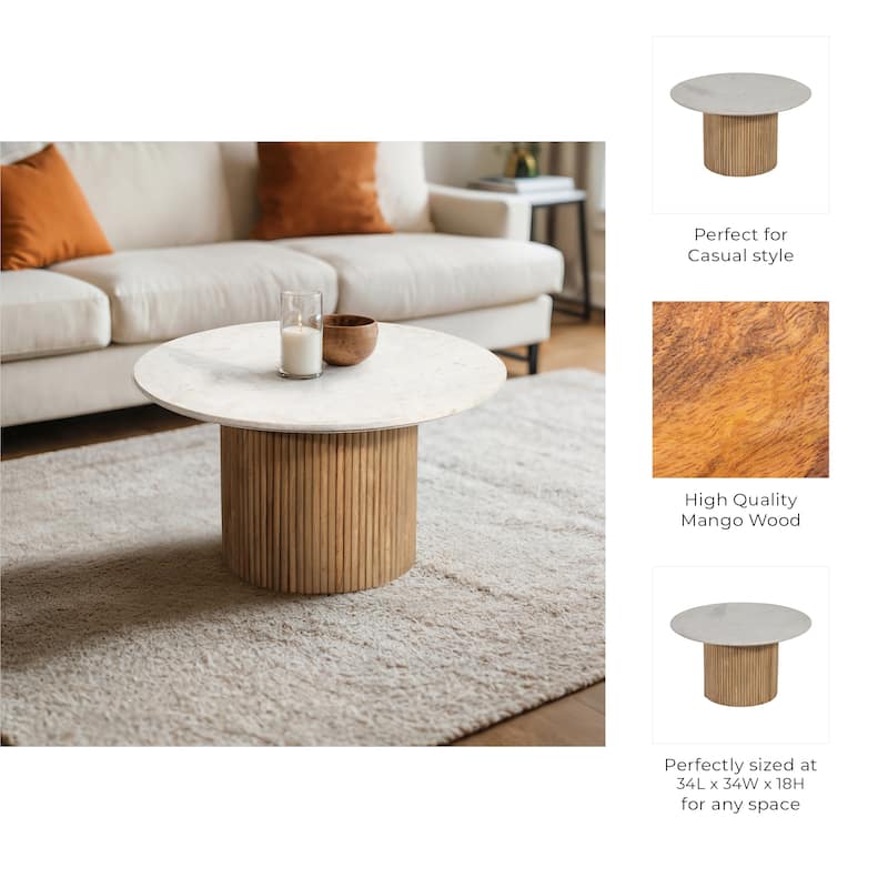 Sagebrook Home Mango Wood & Marble Accent Table with Reeded Base, MDF Support, and Contemporary Cylinder Design