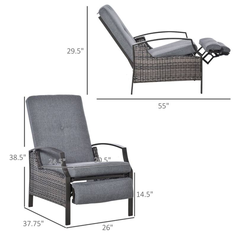 Outdoor Recliner Chair with Cushions Hand Woven PE Wicker Steel Frame Adjustable Three Position Patio Lounge Chair