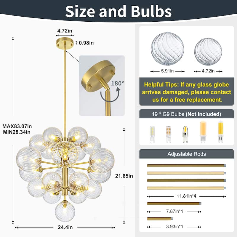 Starsky 19-Light Glam Tiered Cluster Clear Swirled Bubble Chandelier