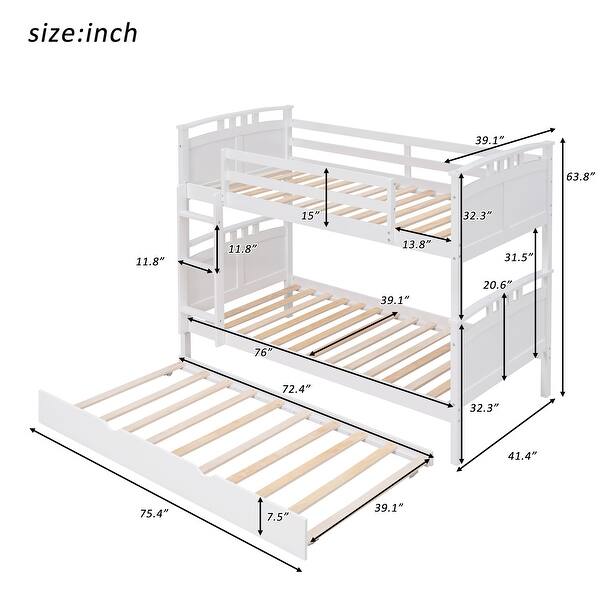 Twin Over Twin Pine Bunk Bed with Twin Size Trundle, Equipped with Stairs and Safety Barriers