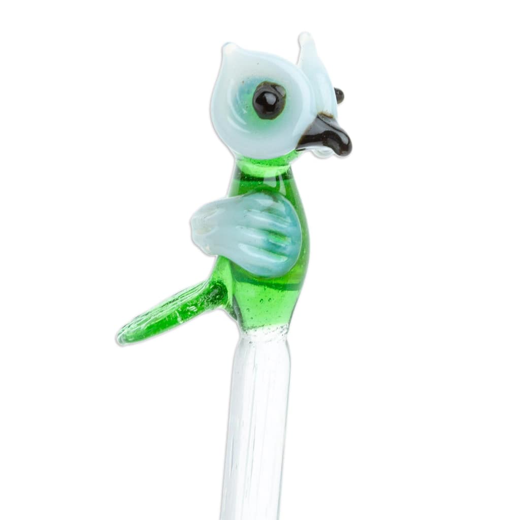 Novica Handmade Cheeky Green Owl Recycled Glass Cocktail Stirrer