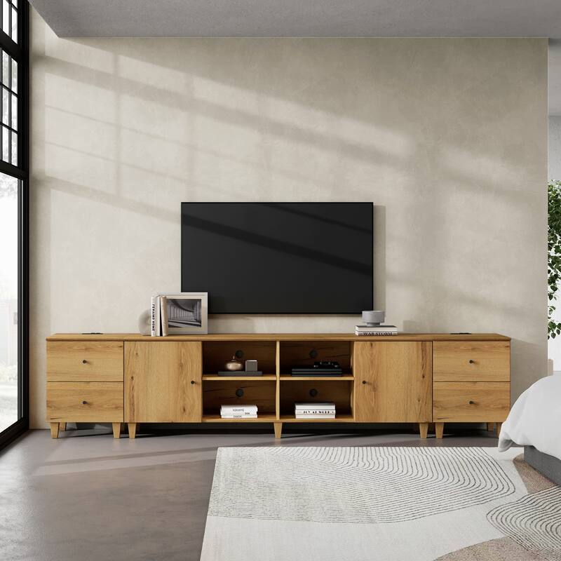 WAMPAT Wood TV Stand with Drawer & Charging Station for 100 Inches TVs