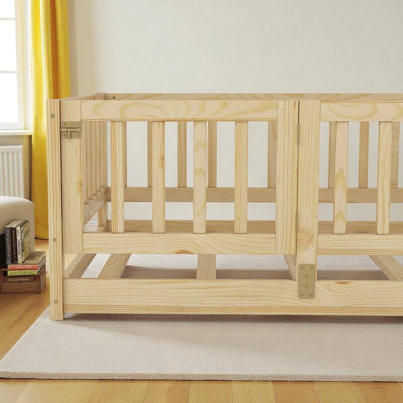 Twin/Full Montessori Floor Bed with Slats, Fence and Door, Wood Low Kids Bed for Girls and Boys, No Box Spring Needed