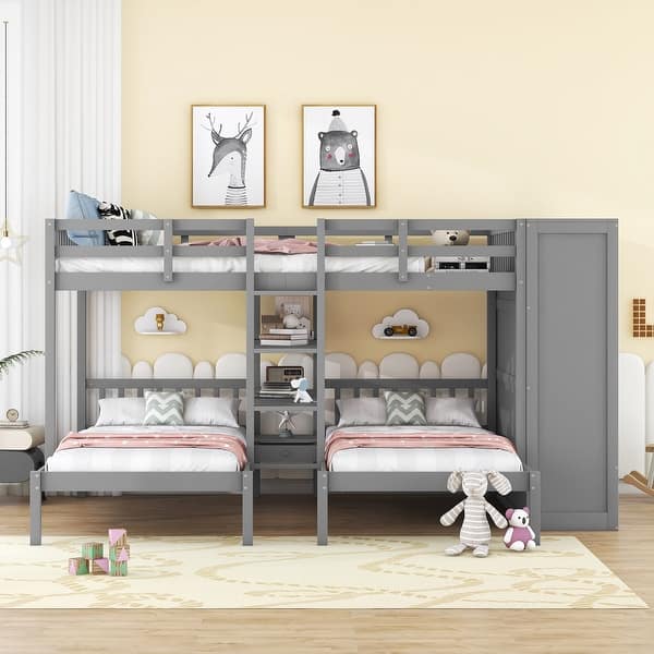 slide 2 of 30, Minimalist Design Full-Over-Twin-Twin Bunk Bed with 3 drawers,Shelves, Wardrobe and Mirror,Store Books,Display Decorations Gray