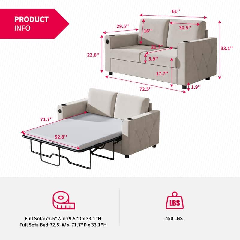 Mixoy Pull Out Sofa Bed,Sleeper Sofa Couch with Memory Foam Mattress,Cup Holder,USB,Pull Out Couch Bed