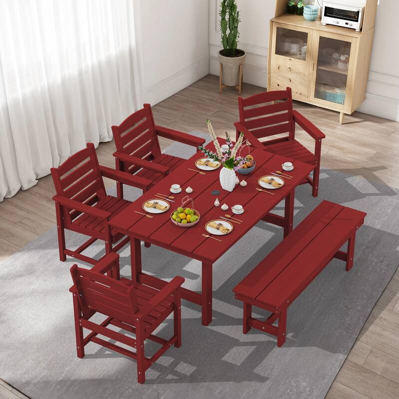 6-Piece HDPE Outdoor Dining Table Sets with Umbrella Hole - 1-Table 4-Chairs-1-Bench