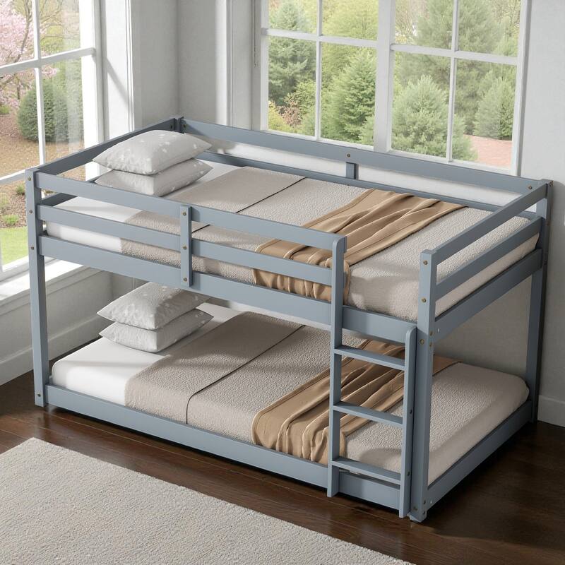 Solid Rubber Wood Twin Over Twin Floor Bunk Bed with Ladder, Low Height Design and Strengthened Slat Support