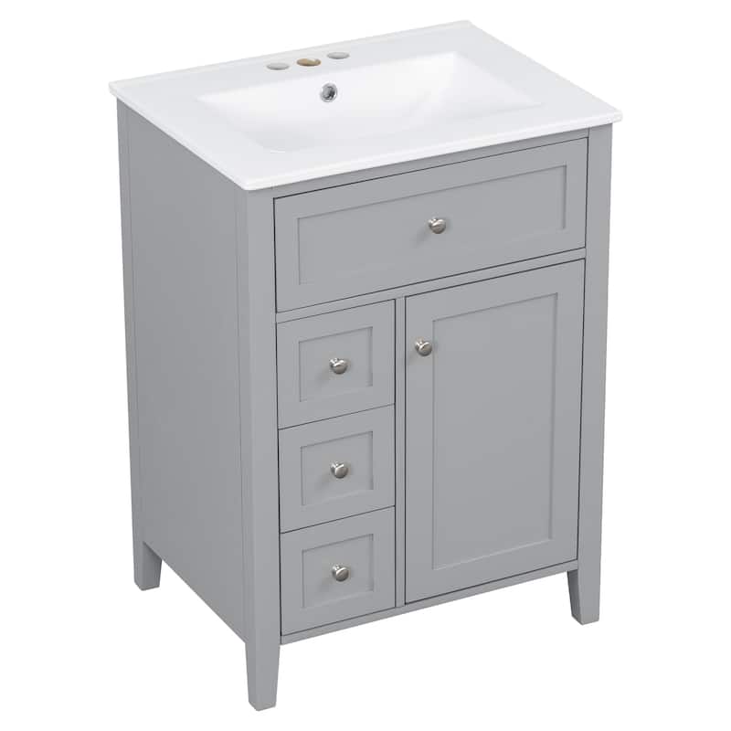 24" Bathroom Vanity with Sink, MDF & Rubberwood Construction, 3 Drawers & Cabinet with Adjustable Shelves